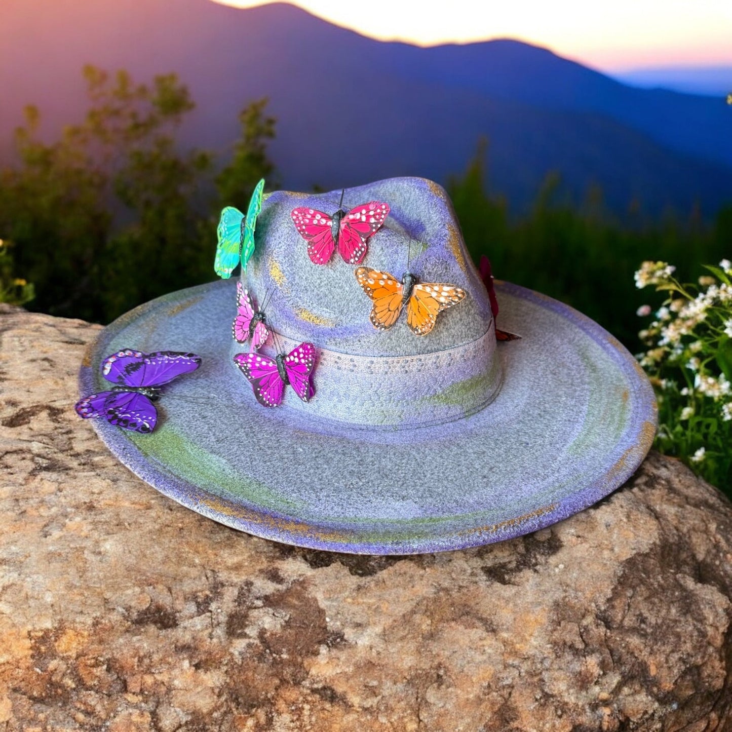 Butterflies on Gray Rancher Hat - Mad Gringa Hats & Boutique