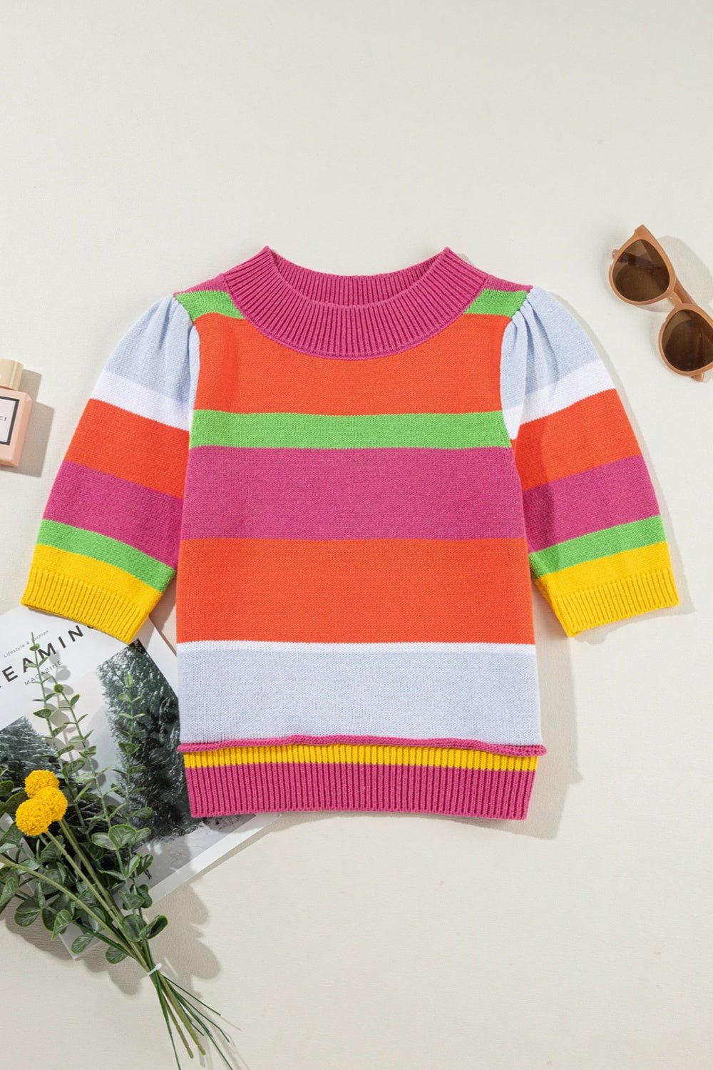 Color Block Round Neck Half Sleeve Knit Top - Mad Gringa Hats & Boutique
