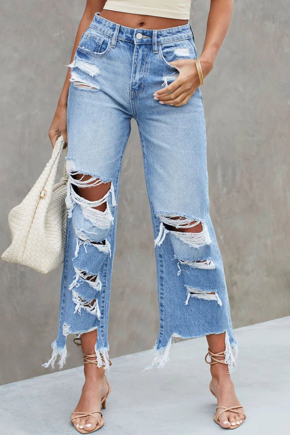 Distressed Raw Hem Jeans with Pockets - Mad Gringa Hats & Boutique