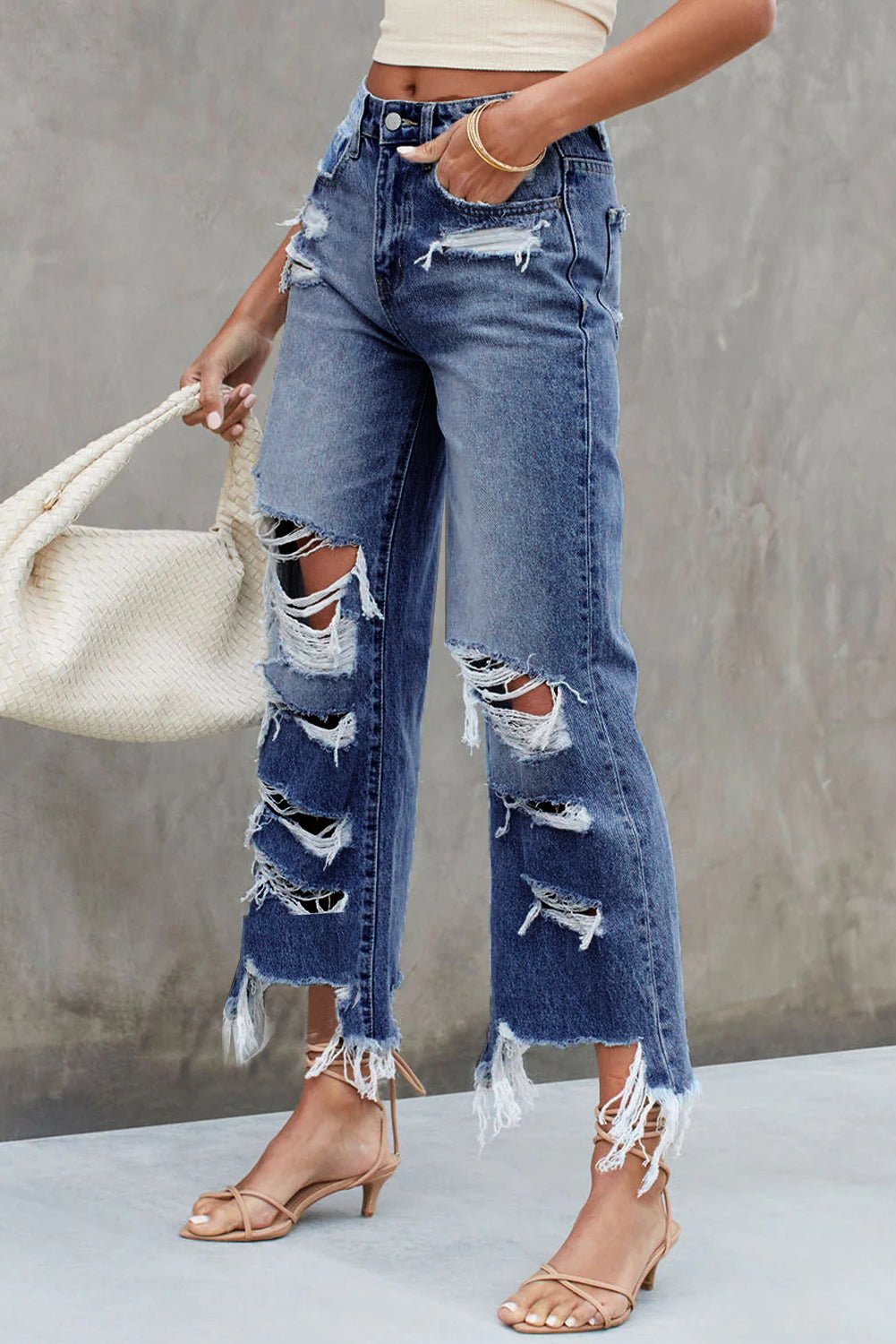 Distressed Raw Hem Jeans with Pockets - Mad Gringa Hats & Boutique
