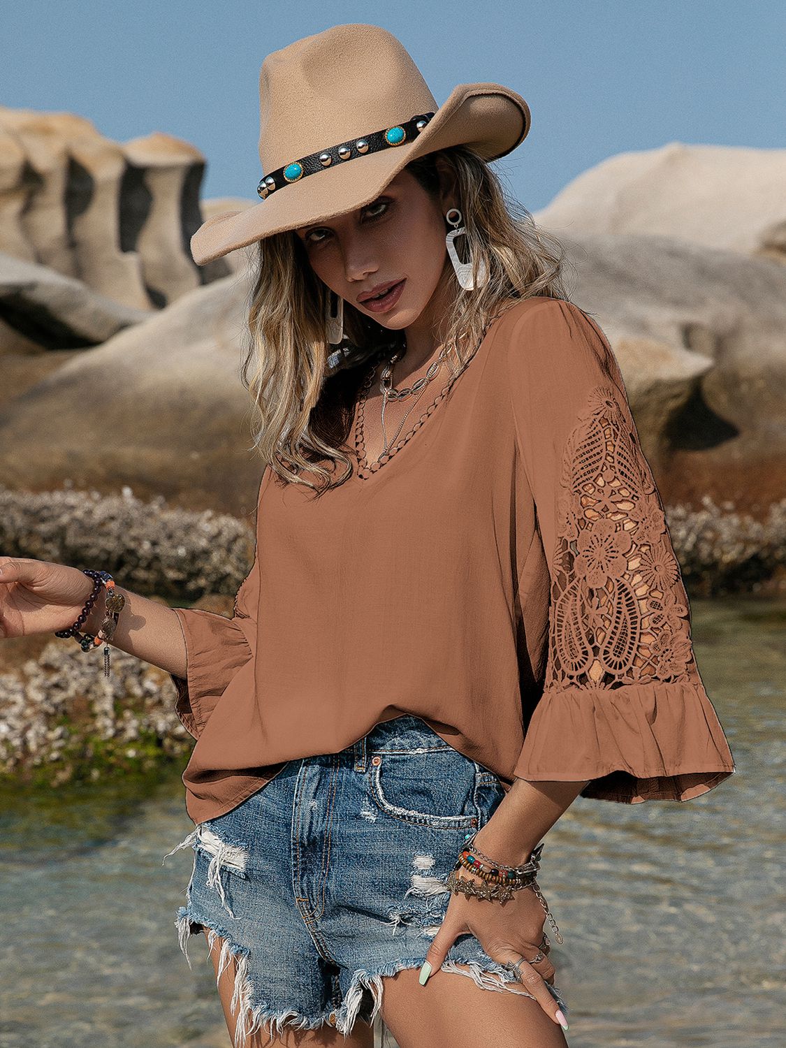 Openwork V-Neck Flounce Sleeve Blouse - Mad Gringa Hats & Boutique