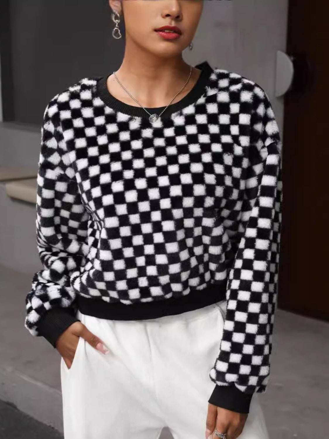 Plaid Round Neck Long Sleeve Sweatshirt - Mad Gringa Hats & Boutique