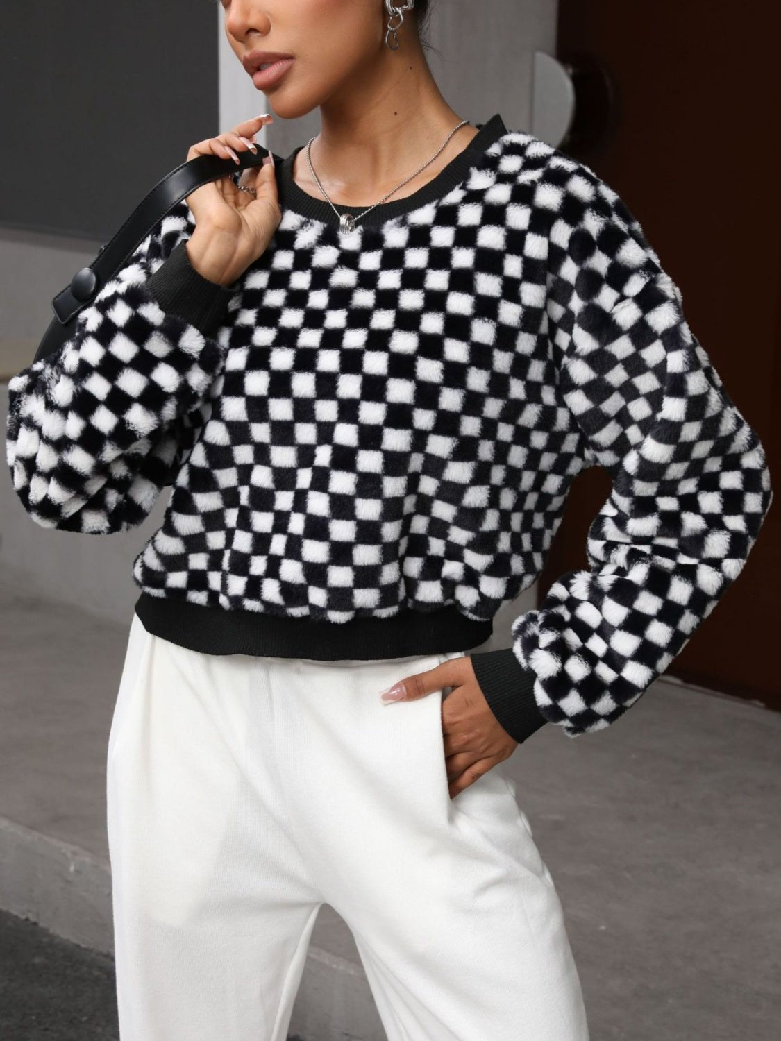 Plaid Round Neck Long Sleeve Sweatshirt - Mad Gringa Hats & Boutique