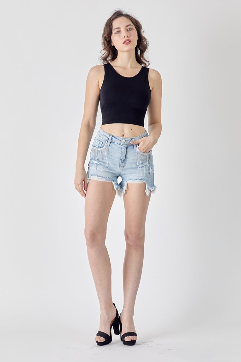 RISEN Frayed Hem Denim Shorts with Fringe Detail Pockets - Mad Gringa Hats & Boutique