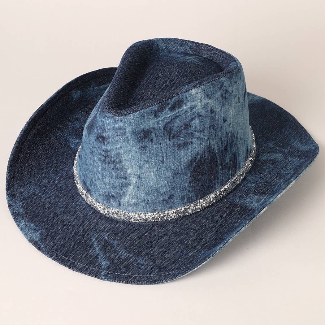Shiny Rhinestone Band Denim Cowboy Hat - Mad Gringa Hats & Boutique