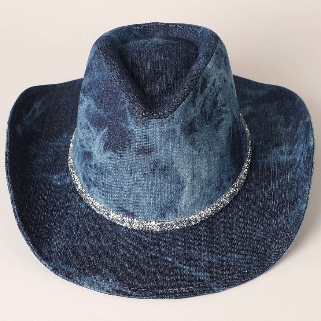 Shiny Rhinestone Band Denim Cowboy Hat - Mad Gringa Hats & Boutique