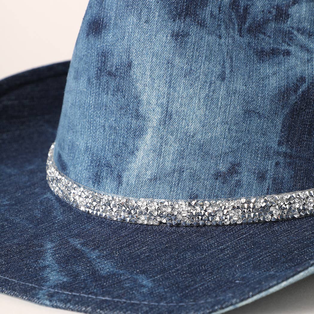 Shiny Rhinestone Band Denim Cowboy Hat - Mad Gringa Hats & Boutique