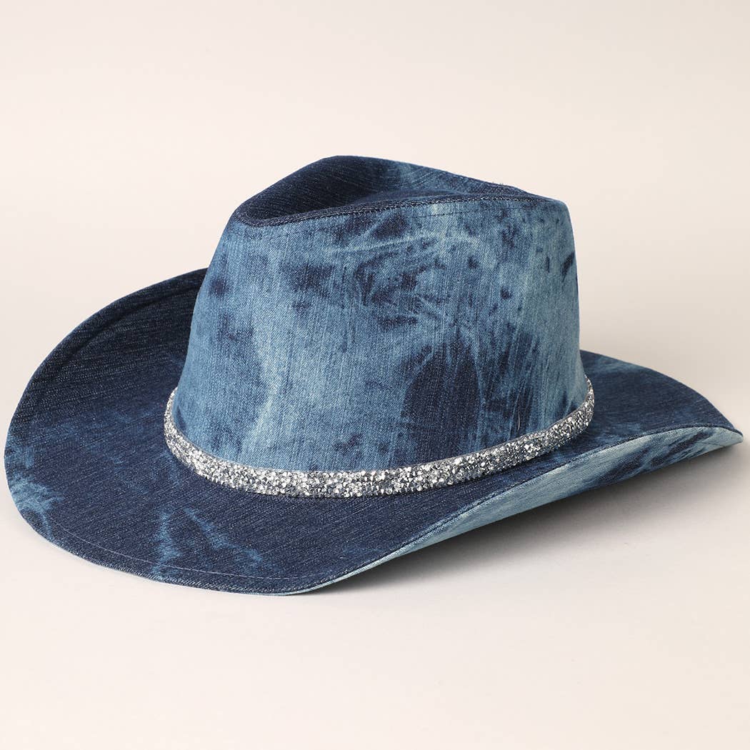 Shiny Rhinestone Band Denim Cowboy Hat - Mad Gringa Hats & Boutique