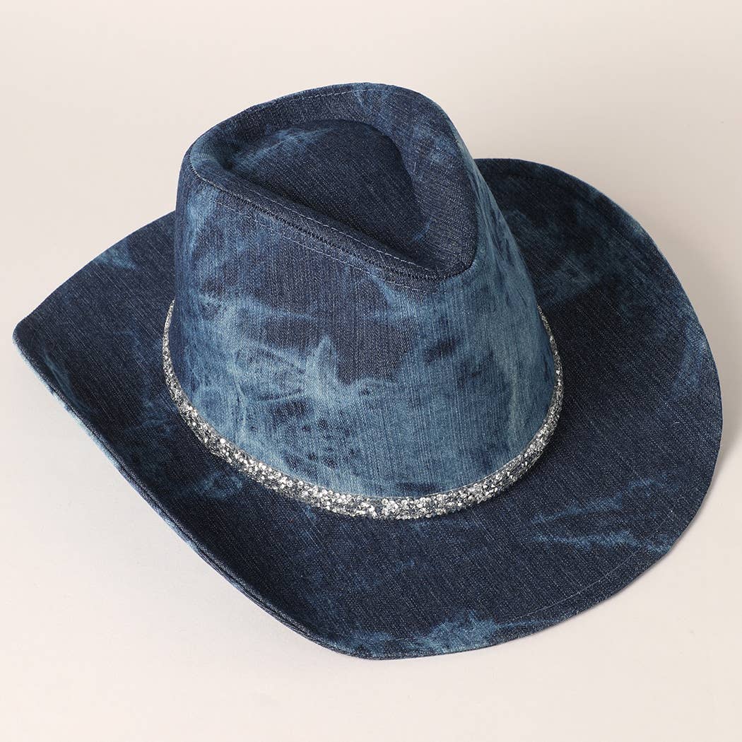 Shiny Rhinestone Band Denim Cowboy Hat - Mad Gringa Hats & Boutique