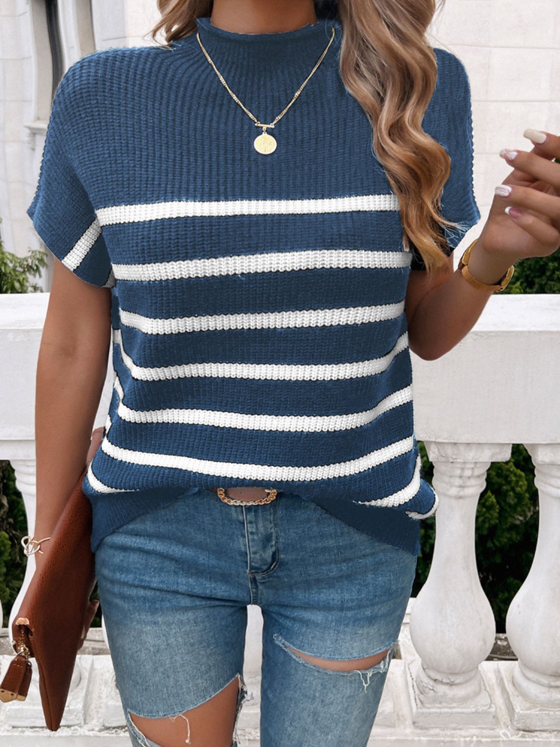 Striped Mock Neck Short Sleeve Sweater - Mad Gringa Hats & Boutique