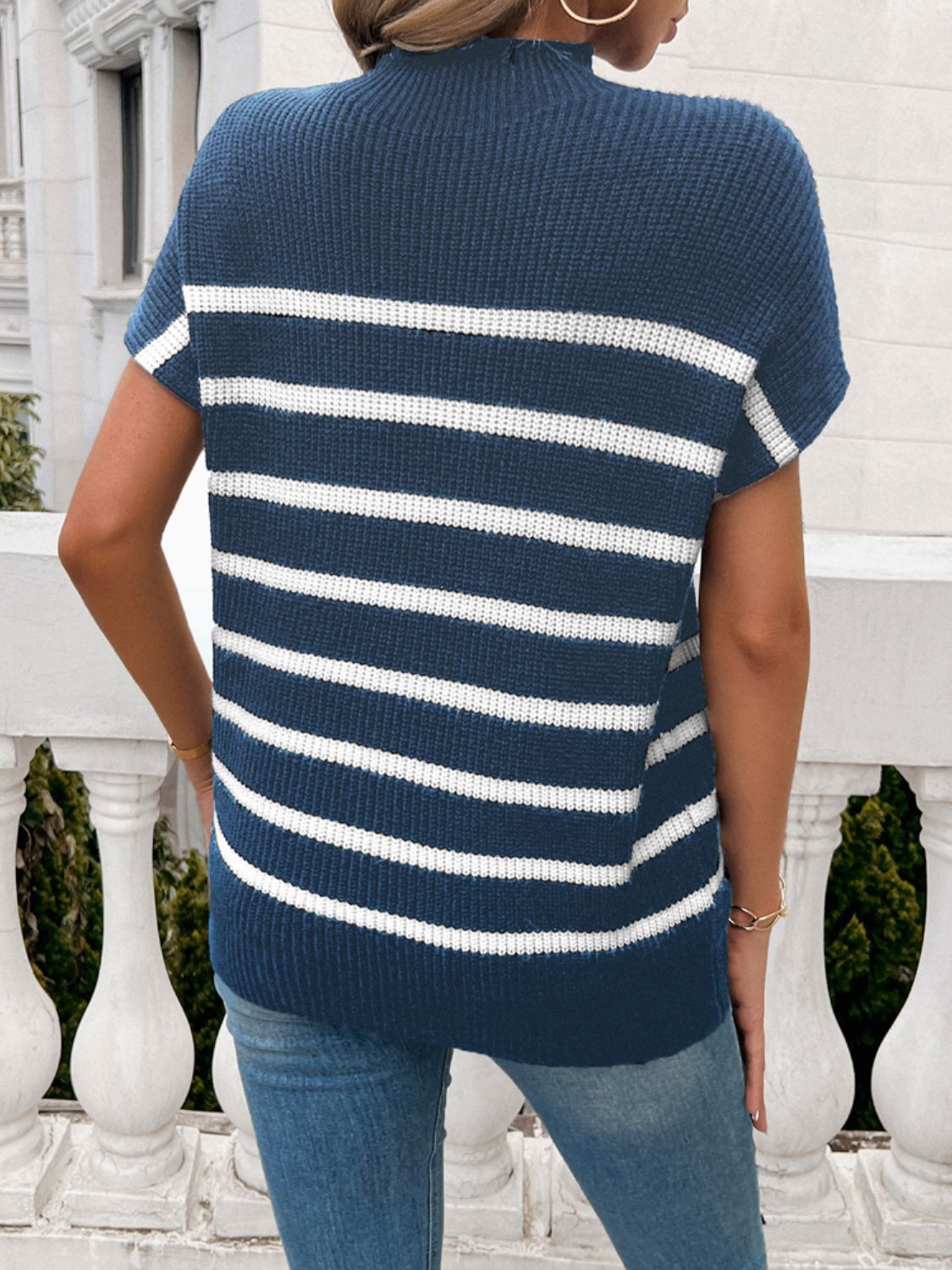 Striped Mock Neck Short Sleeve Sweater - Mad Gringa Hats & Boutique