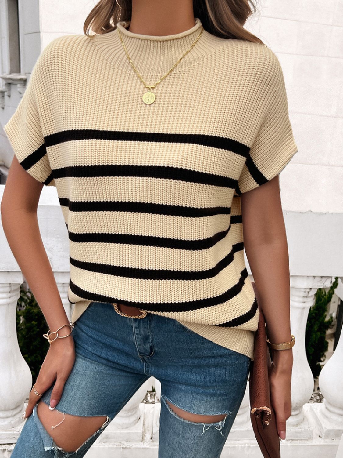 Striped Mock Neck Short Sleeve Sweater - Mad Gringa Hats & Boutique