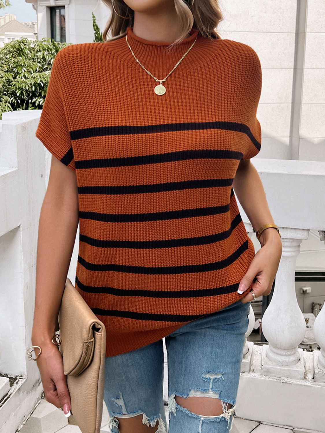 Striped Mock Neck Short Sleeve Sweater - Mad Gringa Hats & Boutique