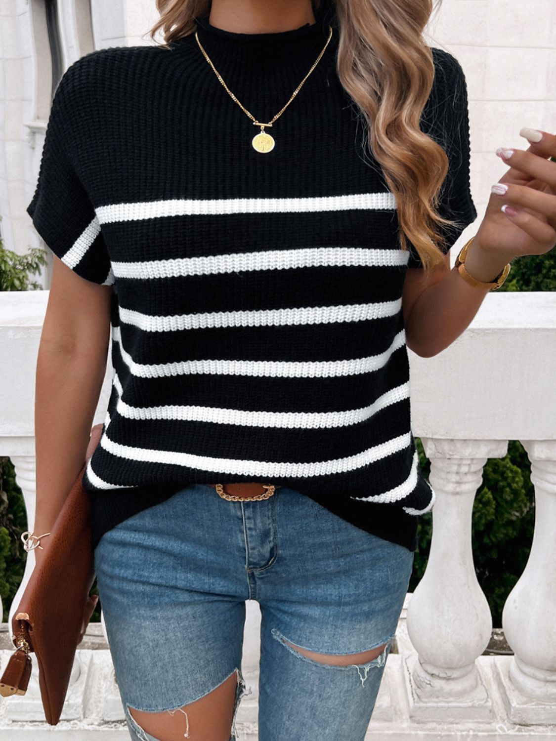 Striped Mock Neck Short Sleeve Sweater - Mad Gringa Hats & Boutique
