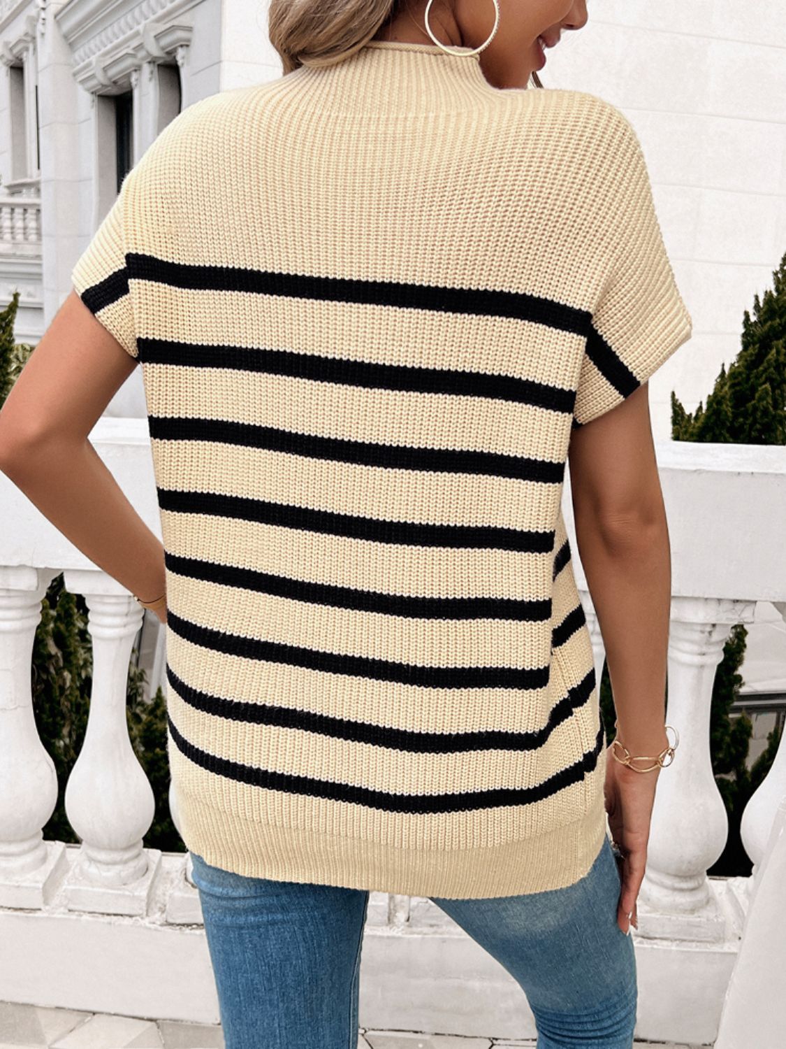 Striped Mock Neck Short Sleeve Sweater - Mad Gringa Hats & Boutique