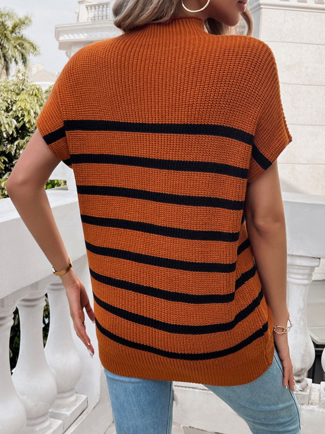 Striped Mock Neck Short Sleeve Sweater - Mad Gringa Hats & Boutique