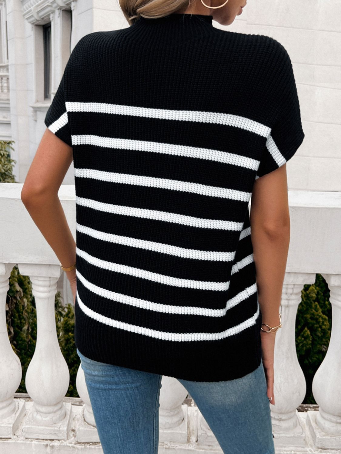 Striped Mock Neck Short Sleeve Sweater - Mad Gringa Hats & Boutique