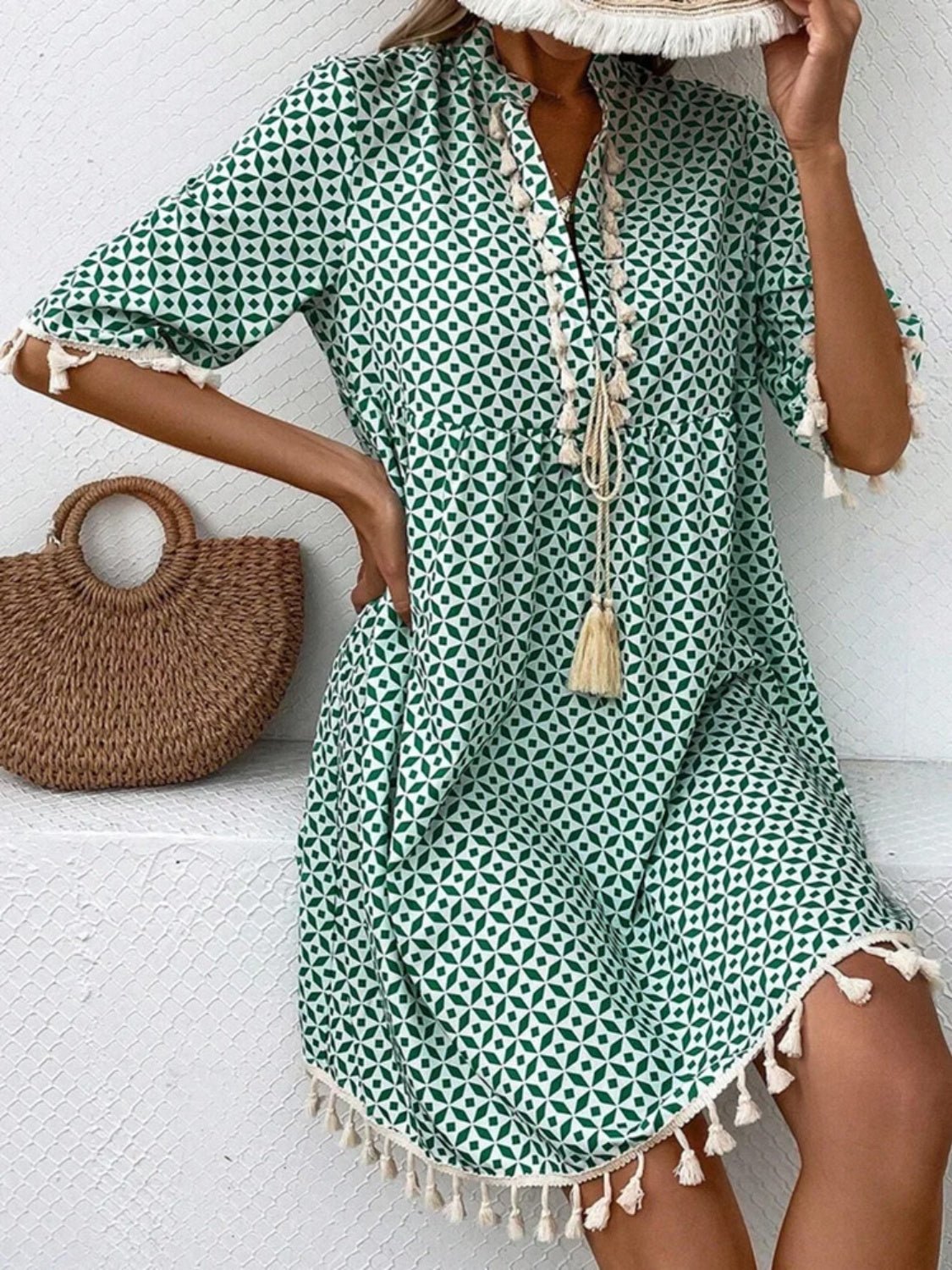 Tassel Printed Notched Half Sleeve Mini Dress - Mad Gringa Hats & Boutique