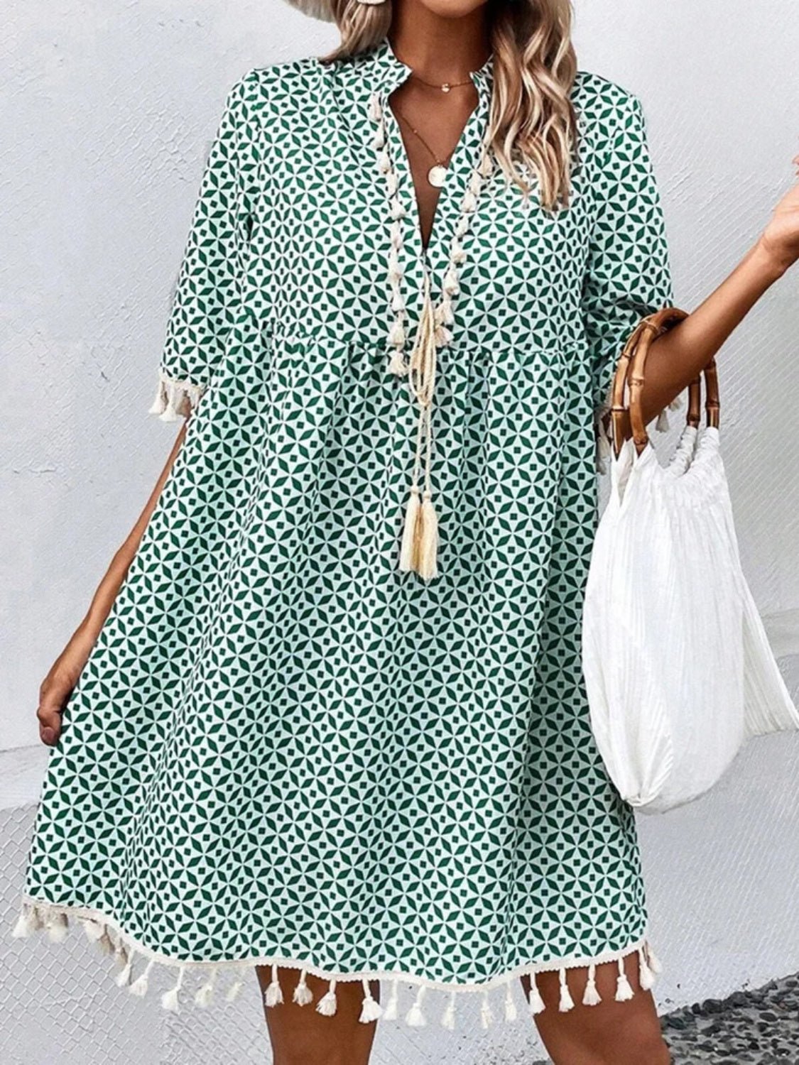 Tassel Printed Notched Half Sleeve Mini Dress - Mad Gringa Hats & Boutique