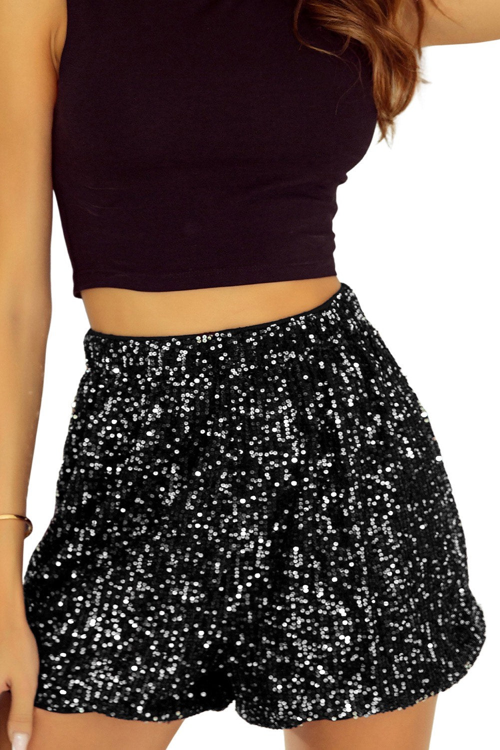 Black Sequin Straight Leg High Waist Casual Shorts - Mad Gringa Hats & Boutique