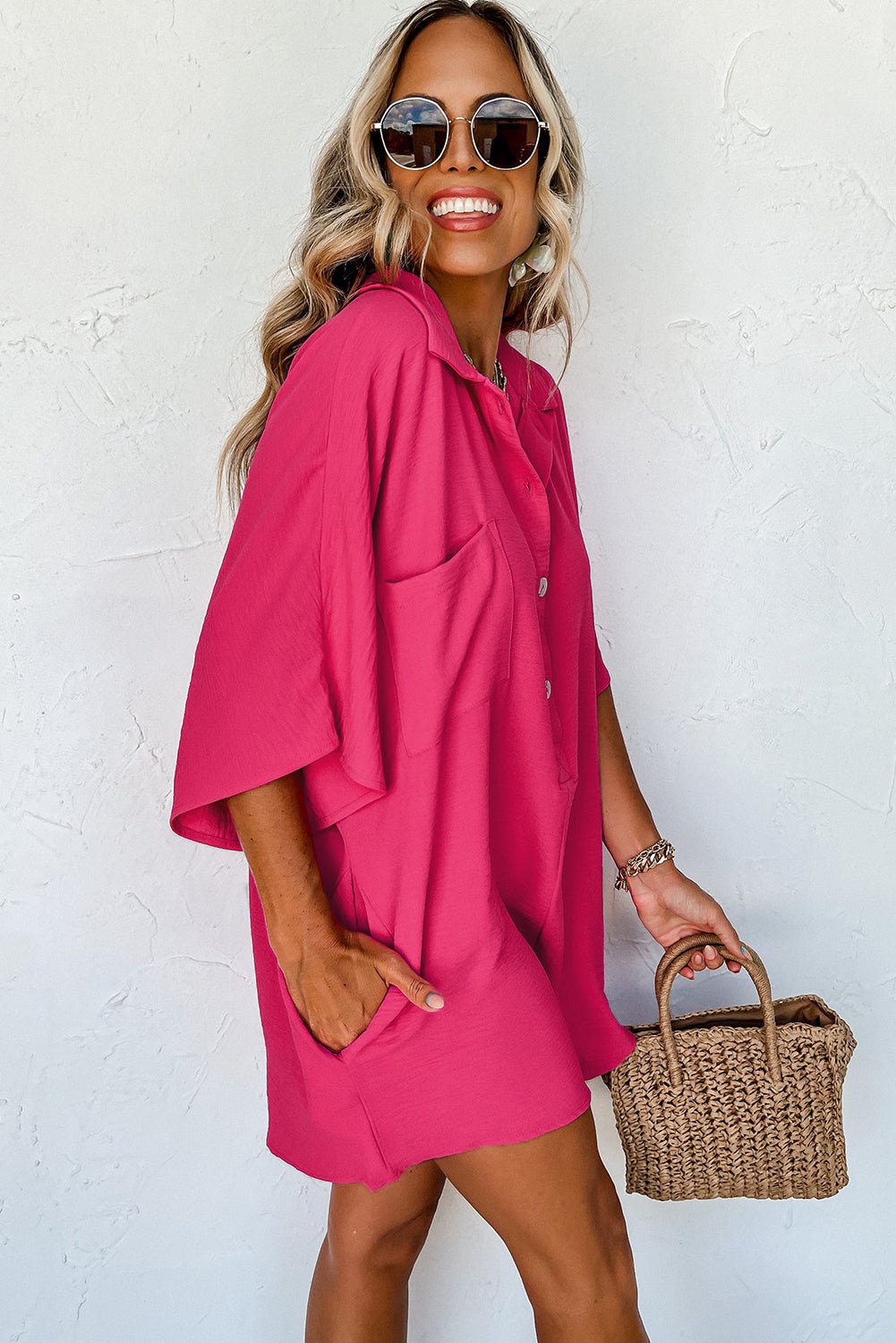 Bright Pink Half Button Collared Loose Romper - Mad Gringa Hats & Boutique