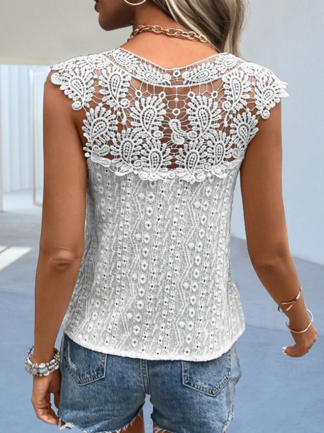 Cutout Lace Detail Notched Blouse - Mad Gringa Hats & Boutique
