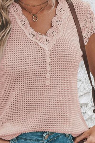Decorative Button V-Neck Short Sleeve T-Shirt - Mad Gringa Hats & Boutique