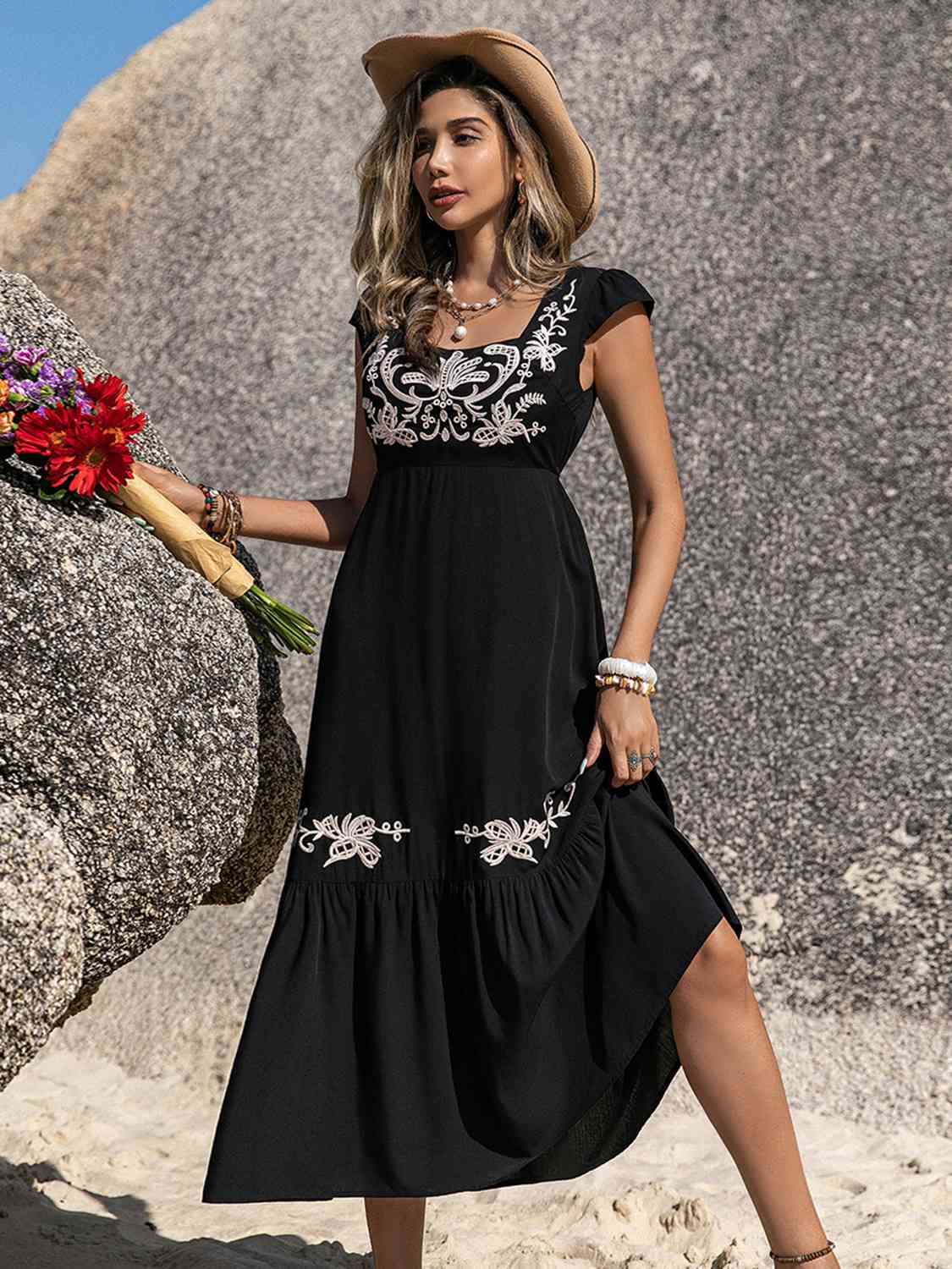 Embroidered Square Neck Ruffle Hem Dress - Mad Gringa Hats & Boutique