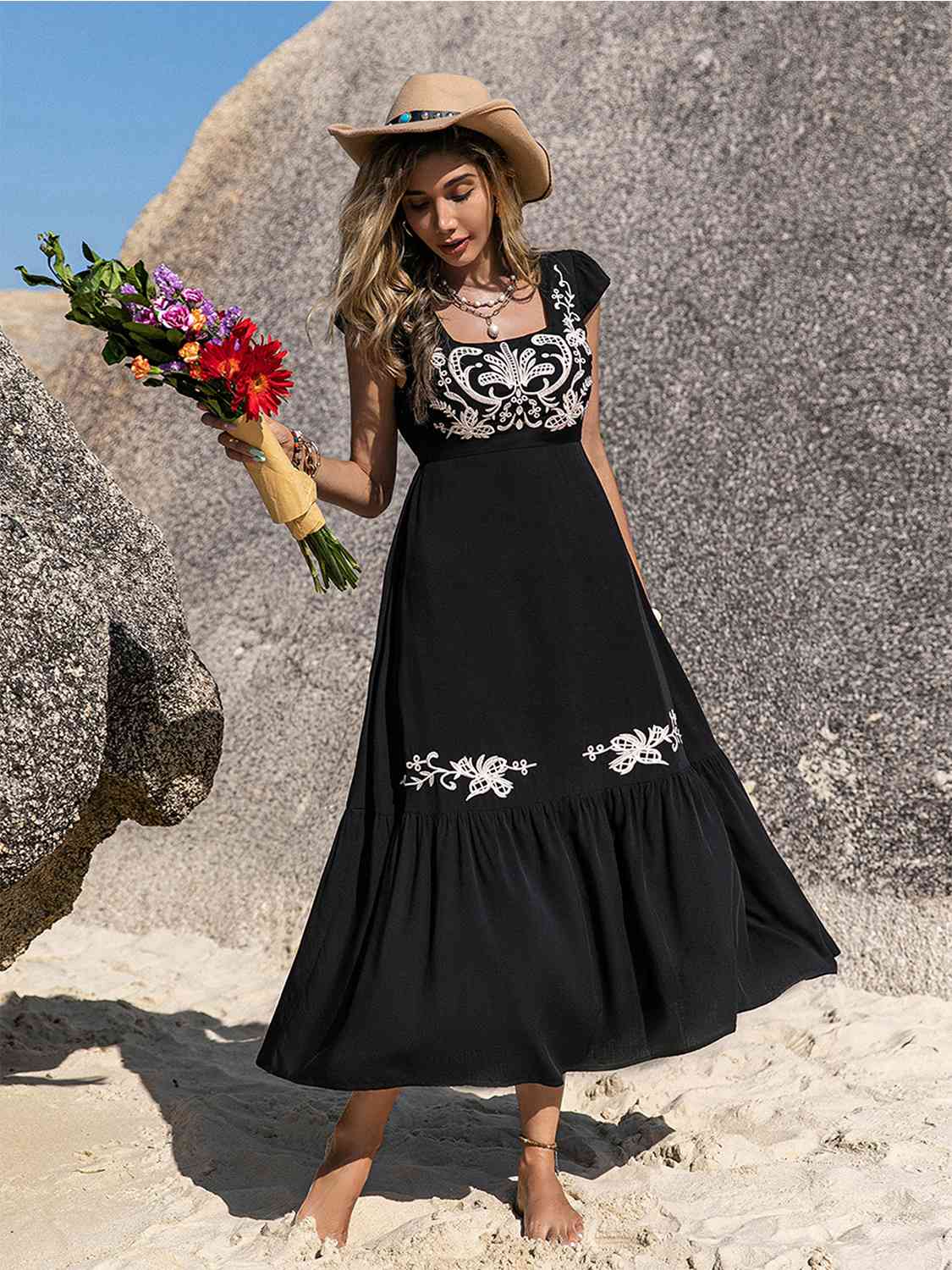 Embroidered Square Neck Ruffle Hem Dress - Mad Gringa Hats & Boutique