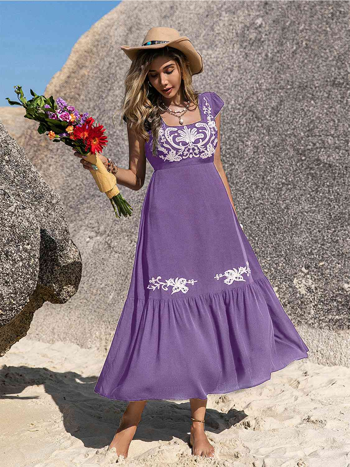 Embroidered Square Neck Ruffle Hem Dress - Mad Gringa Hats & Boutique