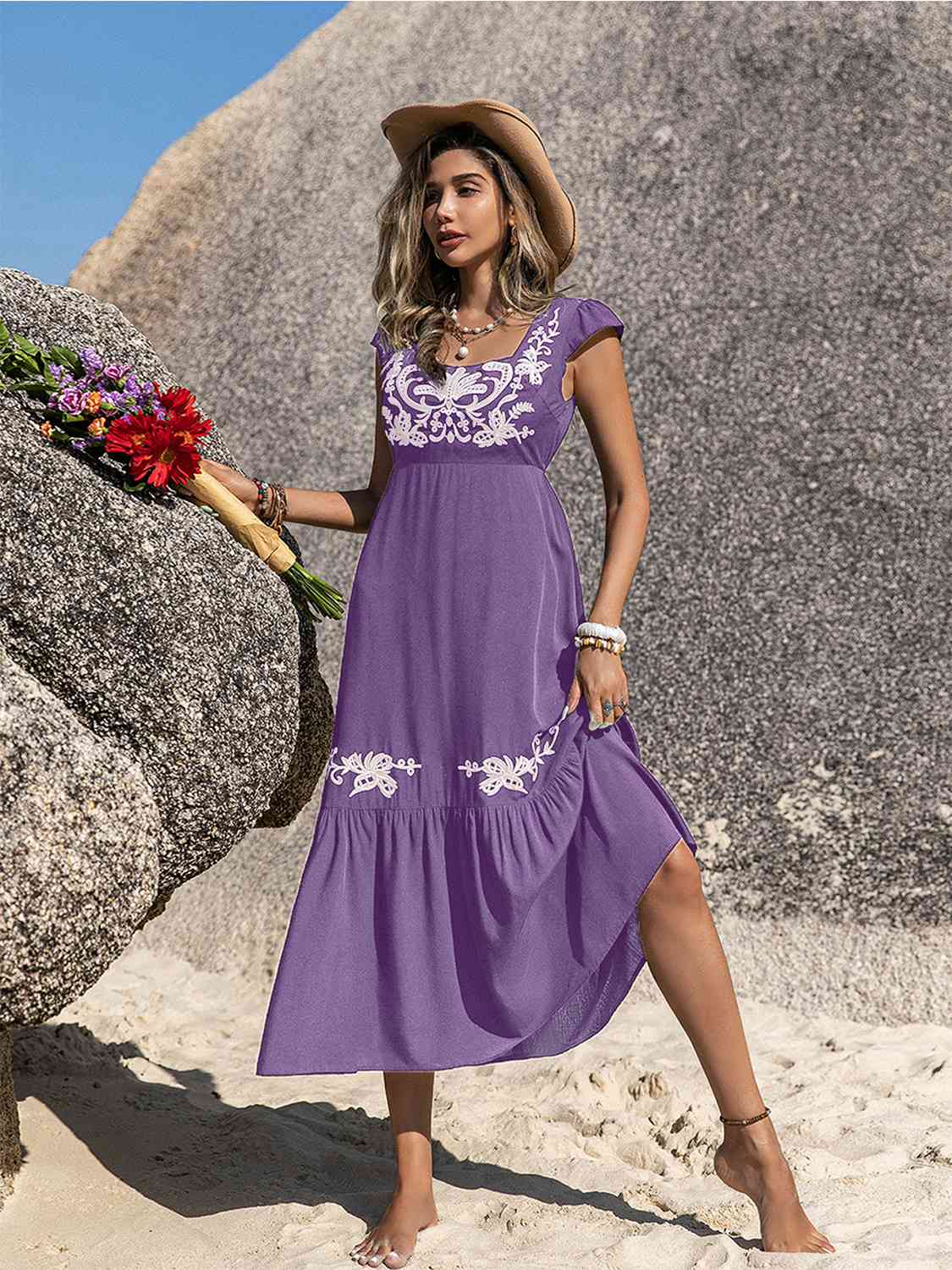 Embroidered Square Neck Ruffle Hem Dress - Mad Gringa Hats & Boutique