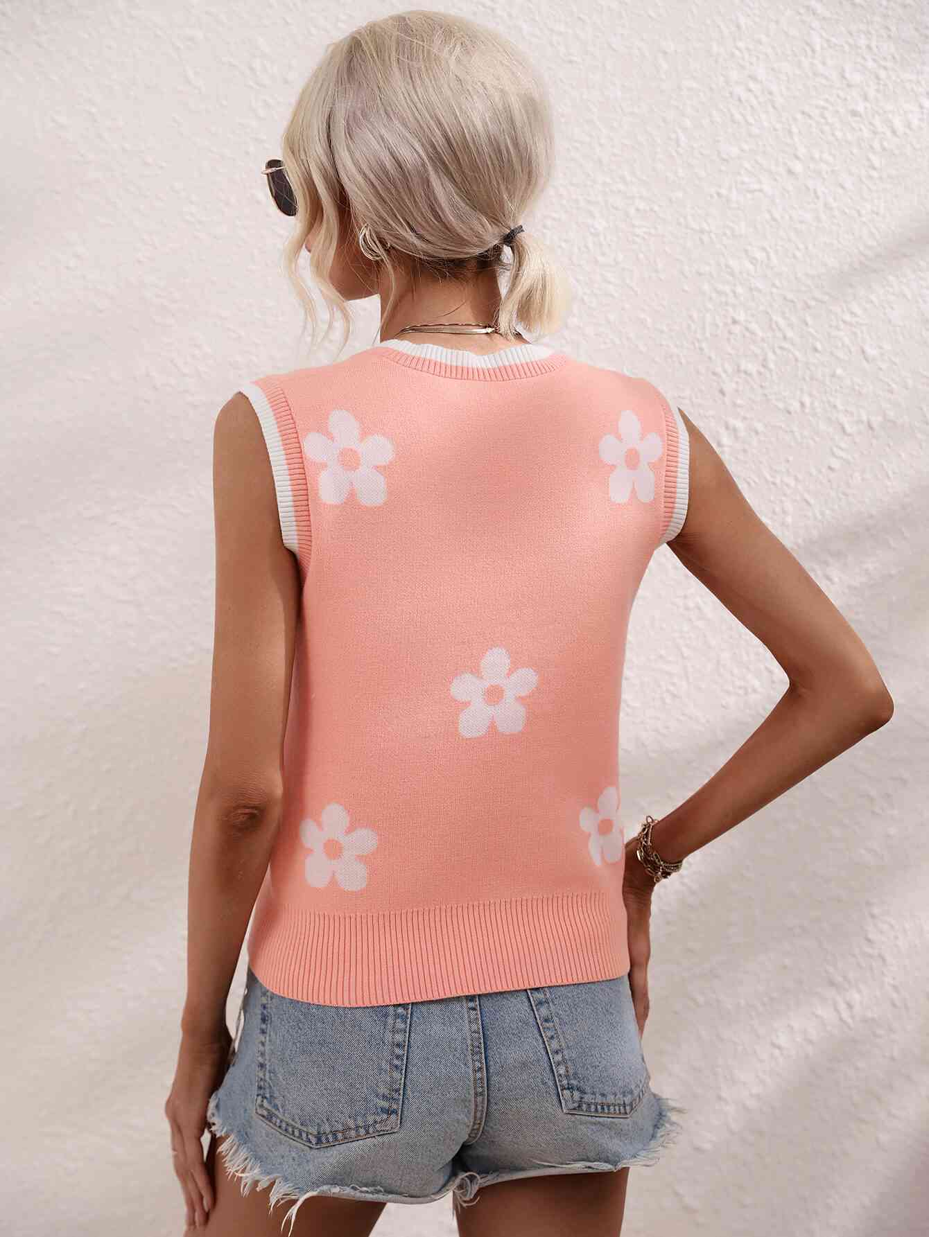 Floral Contrast Ribbed Trim Sweater Vest - Mad Gringa Hats & Boutique