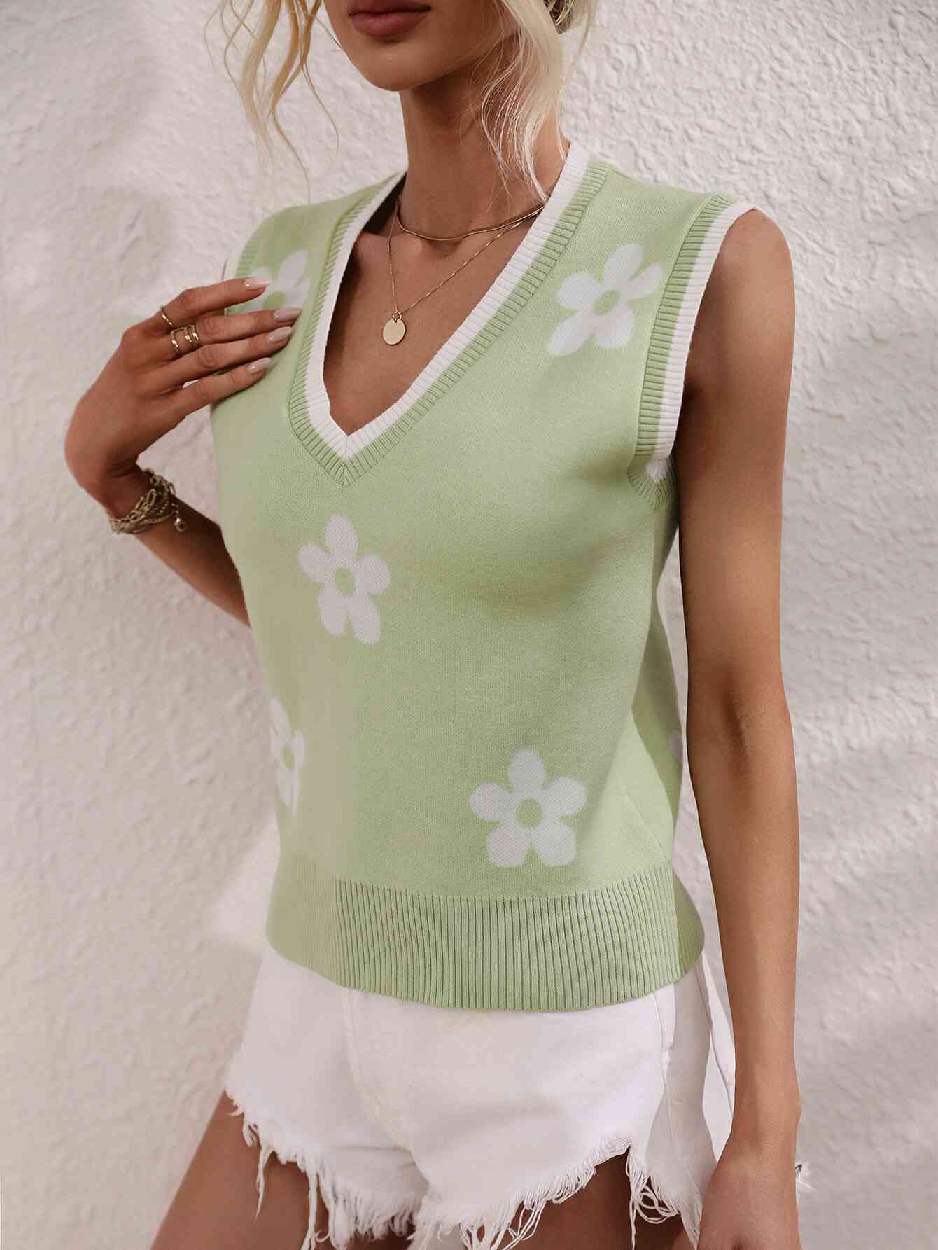 Floral Contrast Ribbed Trim Sweater Vest - Mad Gringa Hats & Boutique