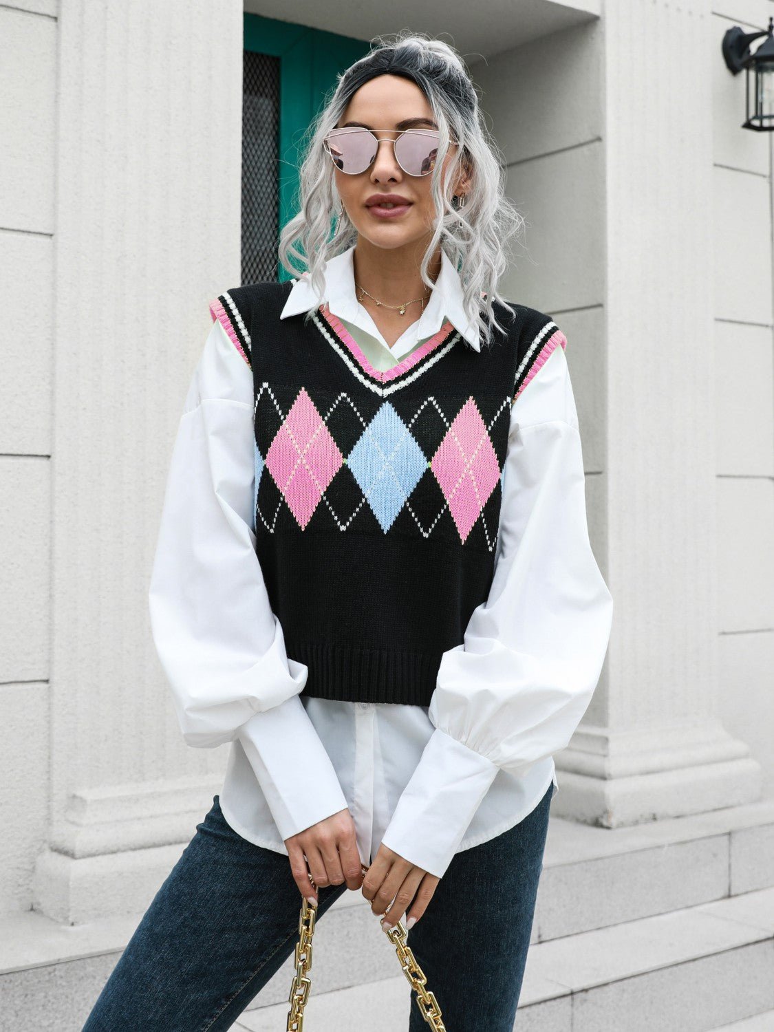 Geometric V-Neck Sweater Vest - Mad Gringa Hats & Boutique