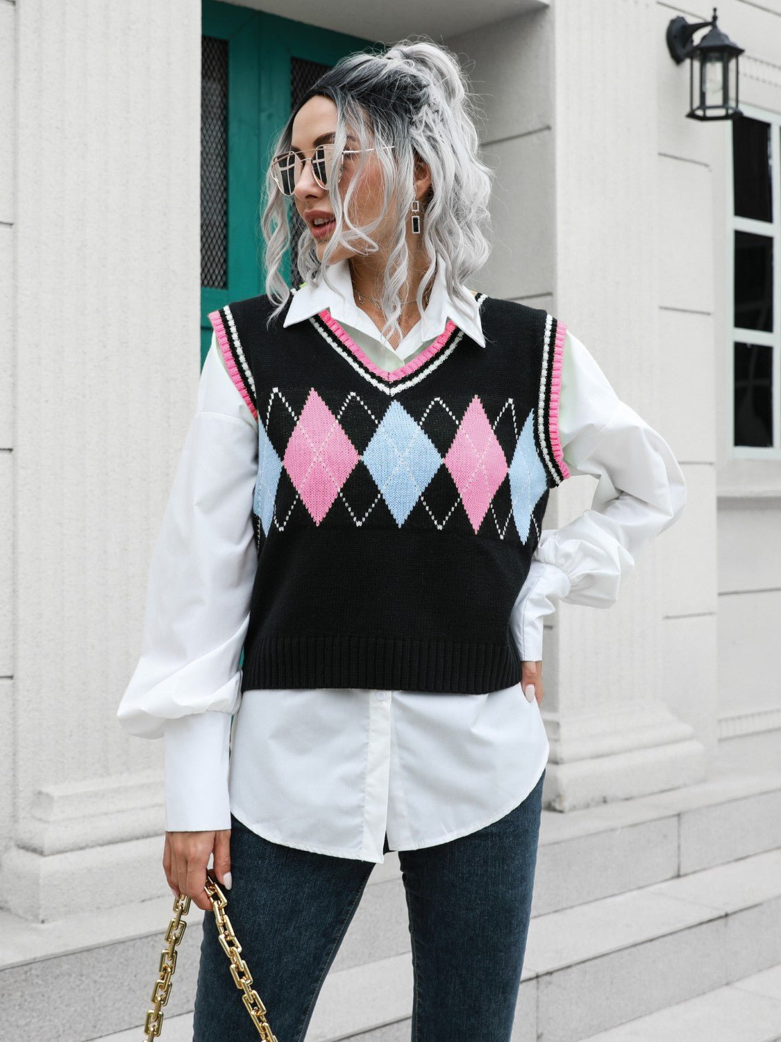Geometric V-Neck Sweater Vest - Mad Gringa Hats & Boutique