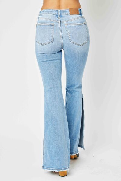 Judy Blue Full Size Mid Rise Raw Hem Slit Flare Jeans - Mad Gringa Hats & Boutique