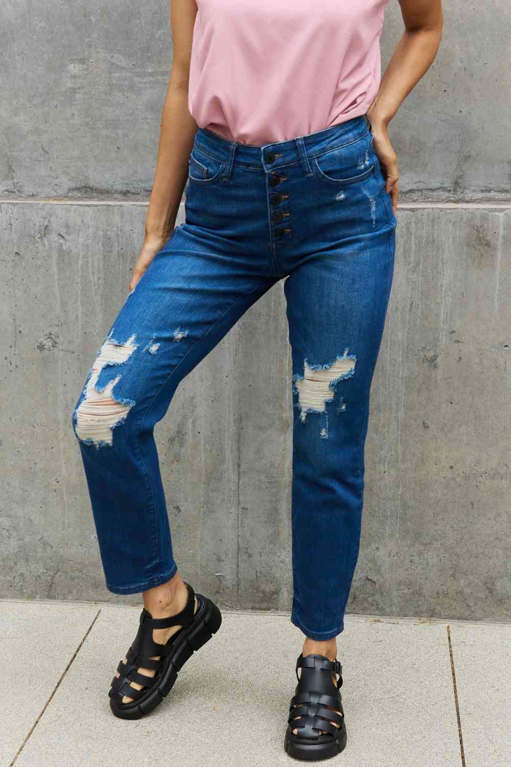 Judy Blue Melanie Full Size High Waisted Distressed Boyfriend Jeans - Mad Gringa Hats & Boutique