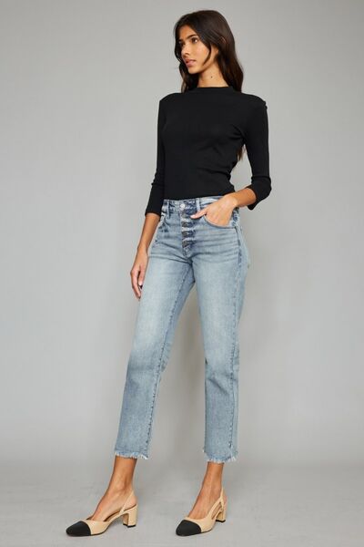 Kancan High Waist Button Fly Raw Hem Cropped Straight Jeans - Mad Gringa Hats & Boutique