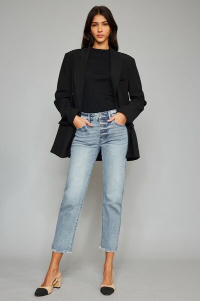 Kancan High Waist Button Fly Raw Hem Cropped Straight Jeans - Mad Gringa Hats & Boutique