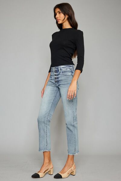 Kancan High Waist Button Fly Raw Hem Cropped Straight Jeans - Mad Gringa Hats & Boutique