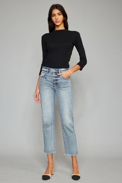 Kancan High Waist Button Fly Raw Hem Cropped Straight Jeans - Mad Gringa Hats & Boutique