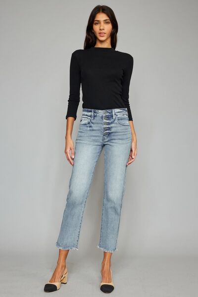 Kancan High Waist Button Fly Raw Hem Cropped Straight Jeans - Mad Gringa Hats & Boutique