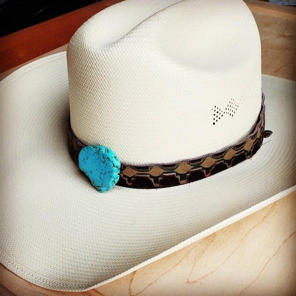 Navajo Embossed Leather Hat Band w/ Turquoise Slab - Mad Gringa Hats & Boutique