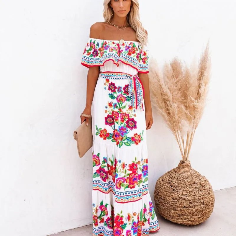 Off Shoulder Floral Print Maxi Dress - Mad Gringa Hats & Boutique