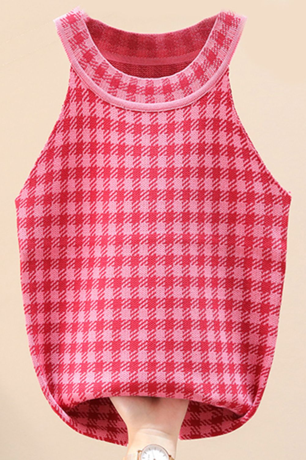 Plaid Round Neck Sleeveless Knit Top - Mad Gringa Hats & Boutique