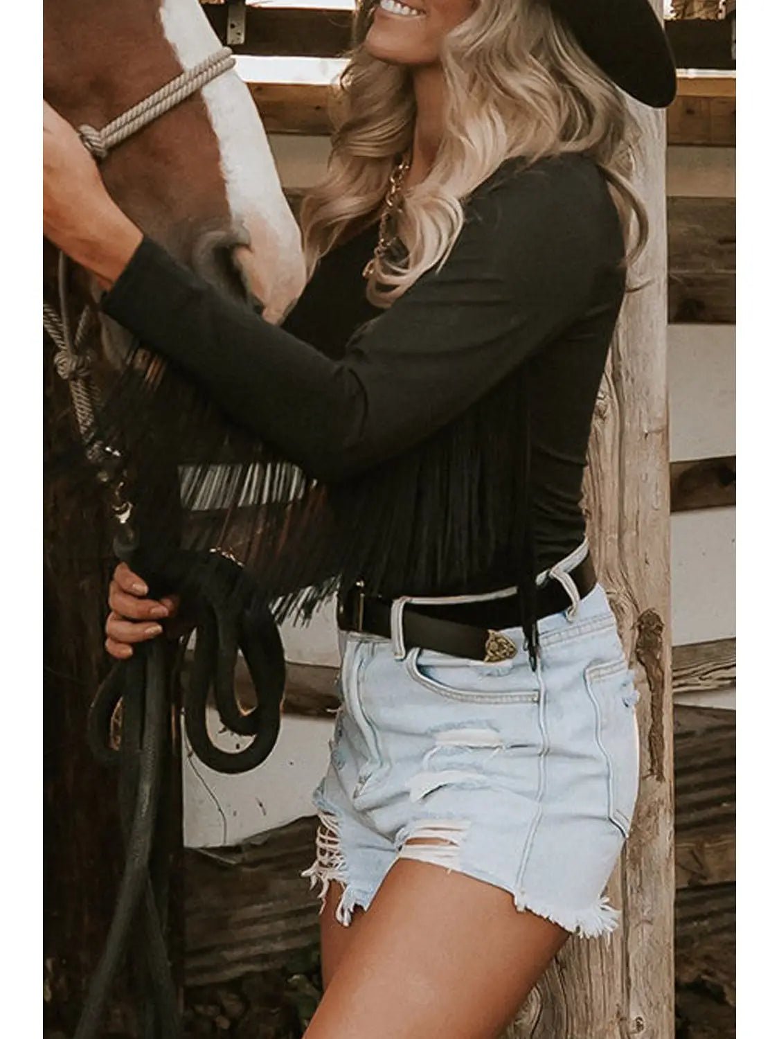 Black One Shoulder Fringed Long Sleeve Bodysuit - Mad Gringa Hats & Boutique