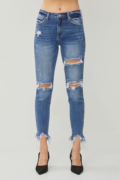 RISEN Distressed Frayed Hem Slim Jeans - Mad Gringa Hats & Boutique
