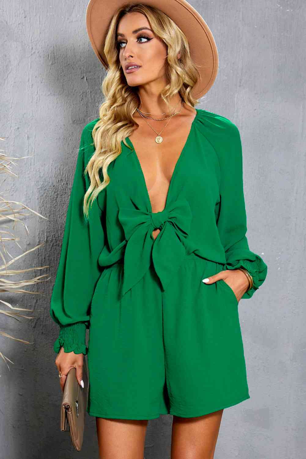 Tied Flounce Sleeve Plunge Romper - Mad Gringa Hats & Boutique