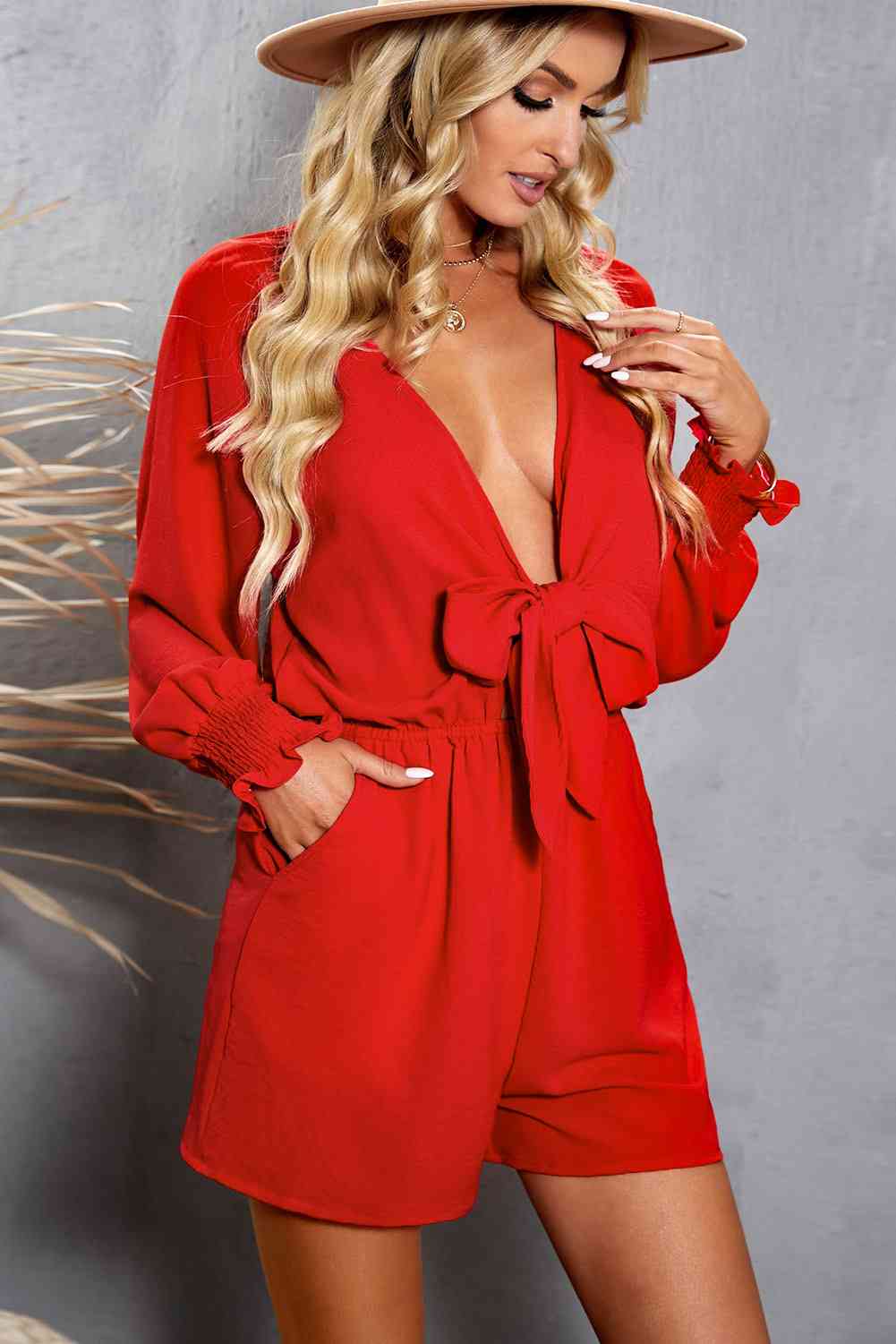 Tied Flounce Sleeve Plunge Romper - Mad Gringa Hats & Boutique