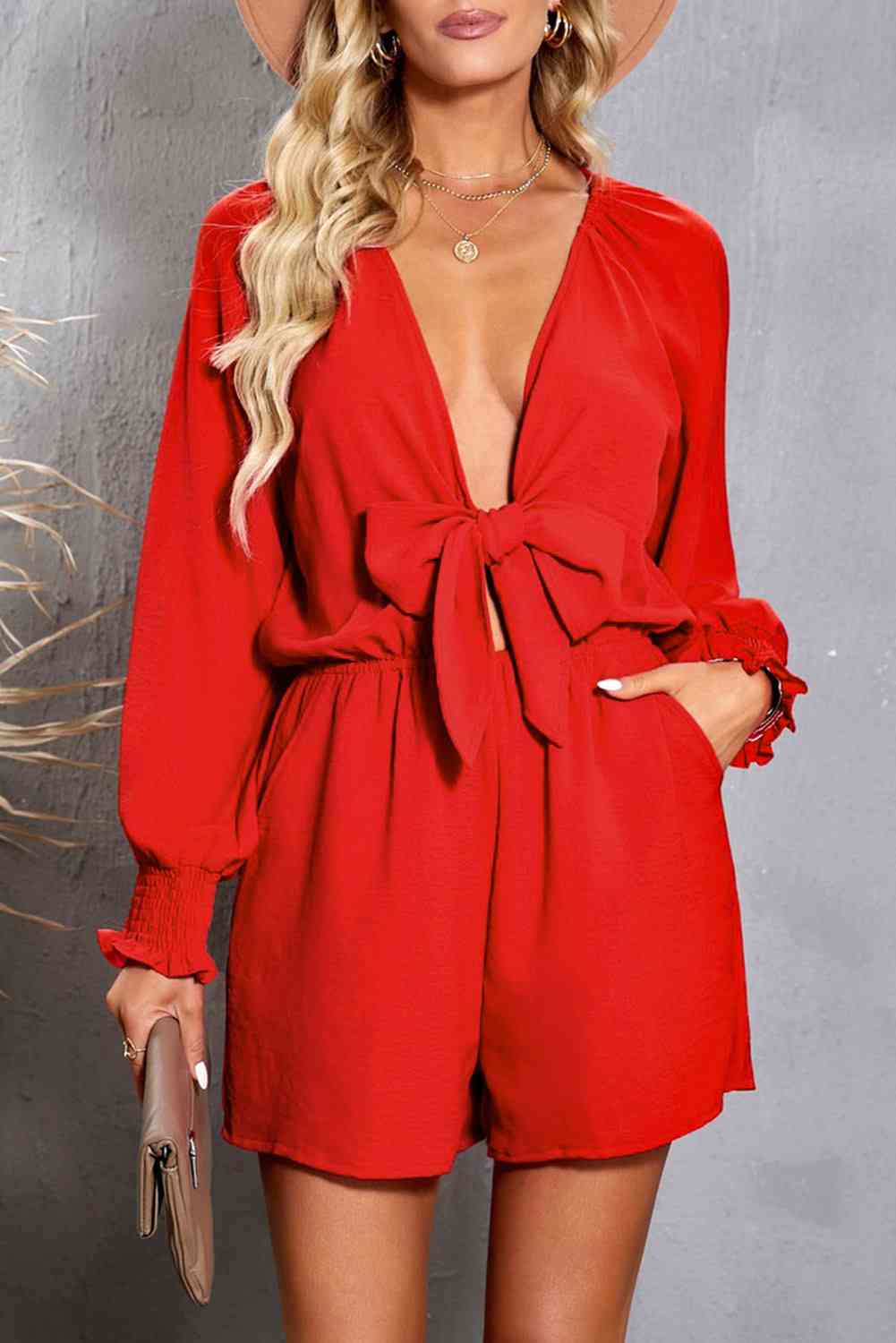 Tied Flounce Sleeve Plunge Romper - Mad Gringa Hats & Boutique
